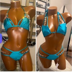 NWT CRUSH 3 piece Turquoise Jeweled Triangle Bikini Set
